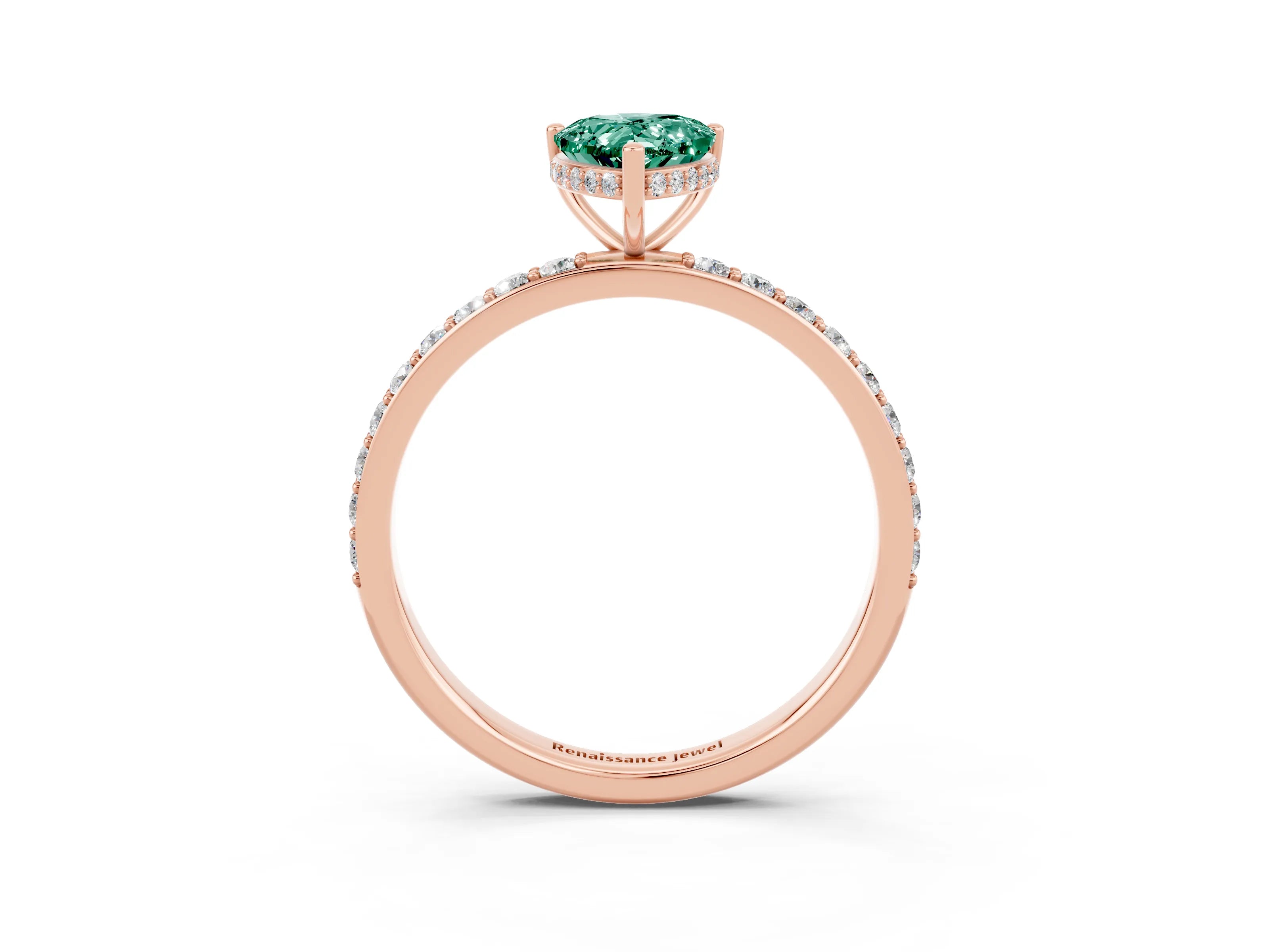 Rose gold Pear Cut Green Sapphire Solitaire Ring with Pavé Band and Hidden Halo_15