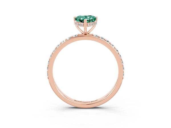 Rose gold Pear Cut Green Sapphire Solitaire Ring with Pavé Band and Hidden Halo