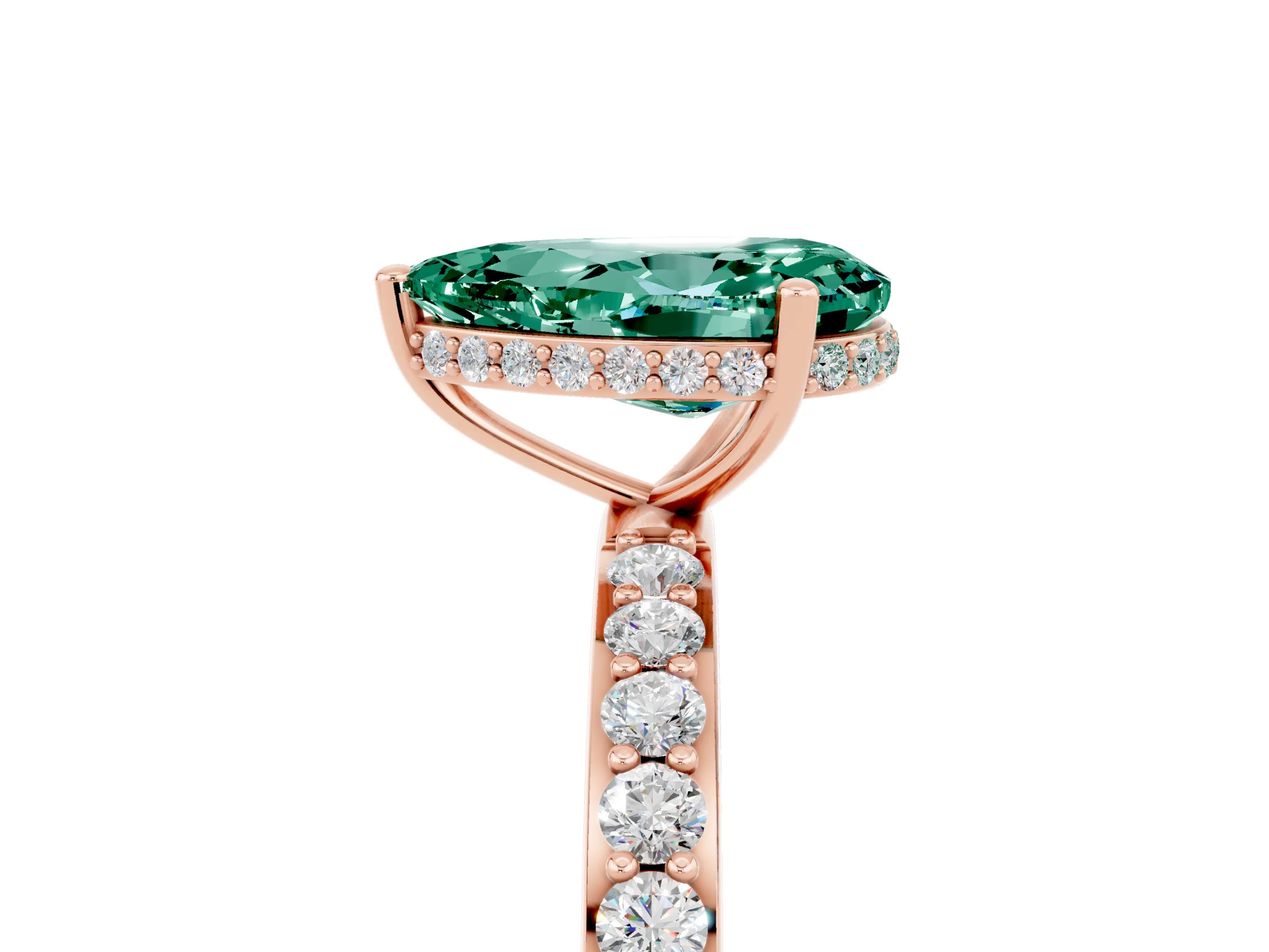 Rose gold Pear Cut Green Sapphire Solitaire Ring with Pavé Band and Hidden Halo_17