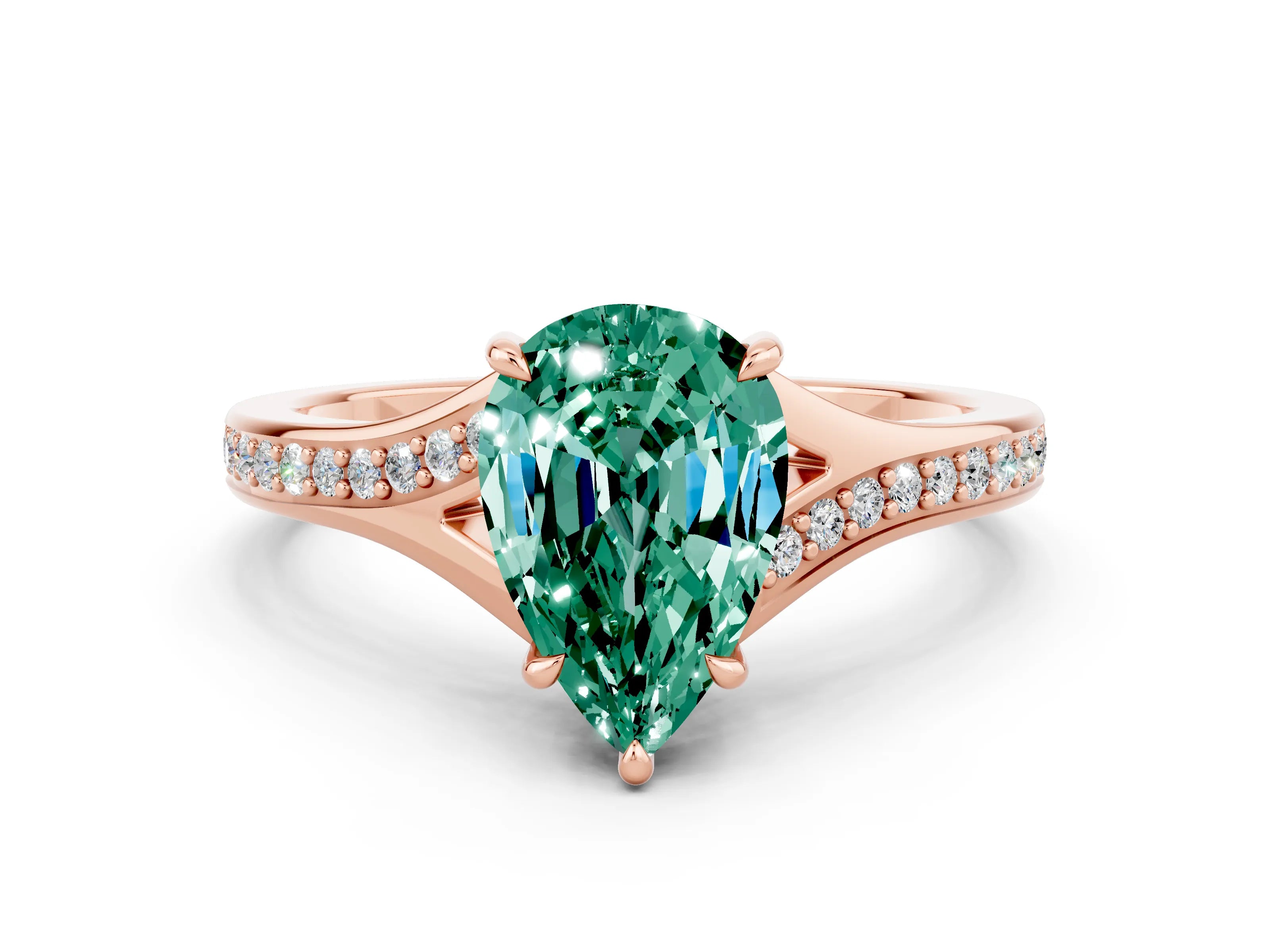 Rose gold Pear Cut Green Sapphire Solitaire Ring with Pavé Band and Prong Setting_12