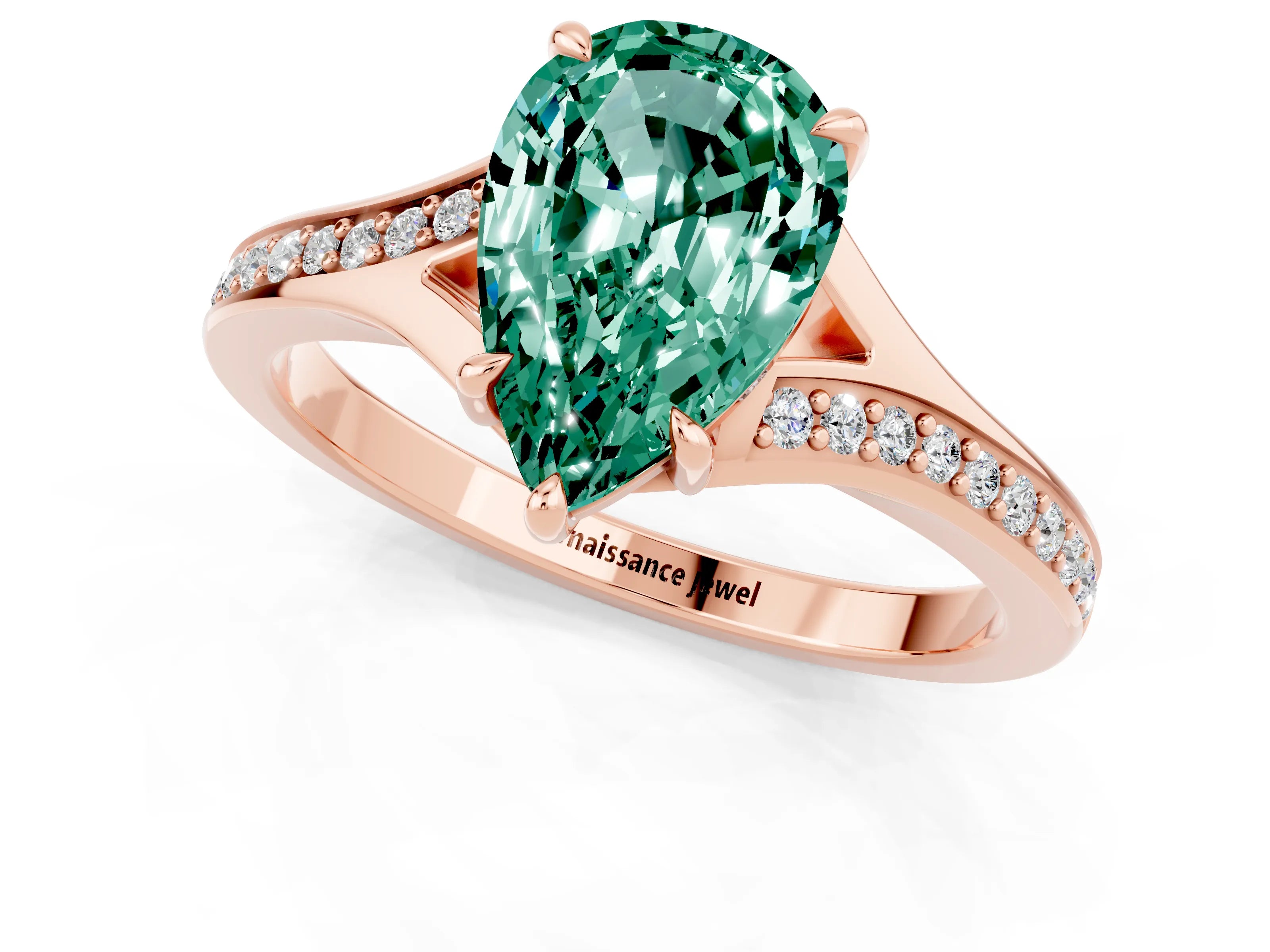 Rose gold Pear Cut Green Sapphire Solitaire Ring with Pavé Band and Prong Setting_13