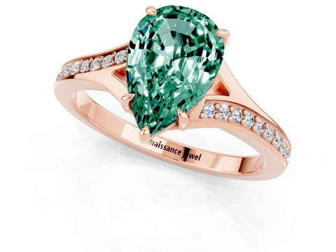 Rose gold Pear Cut Green Sapphire Solitaire Ring with Pavé Band and Prong Setting_13