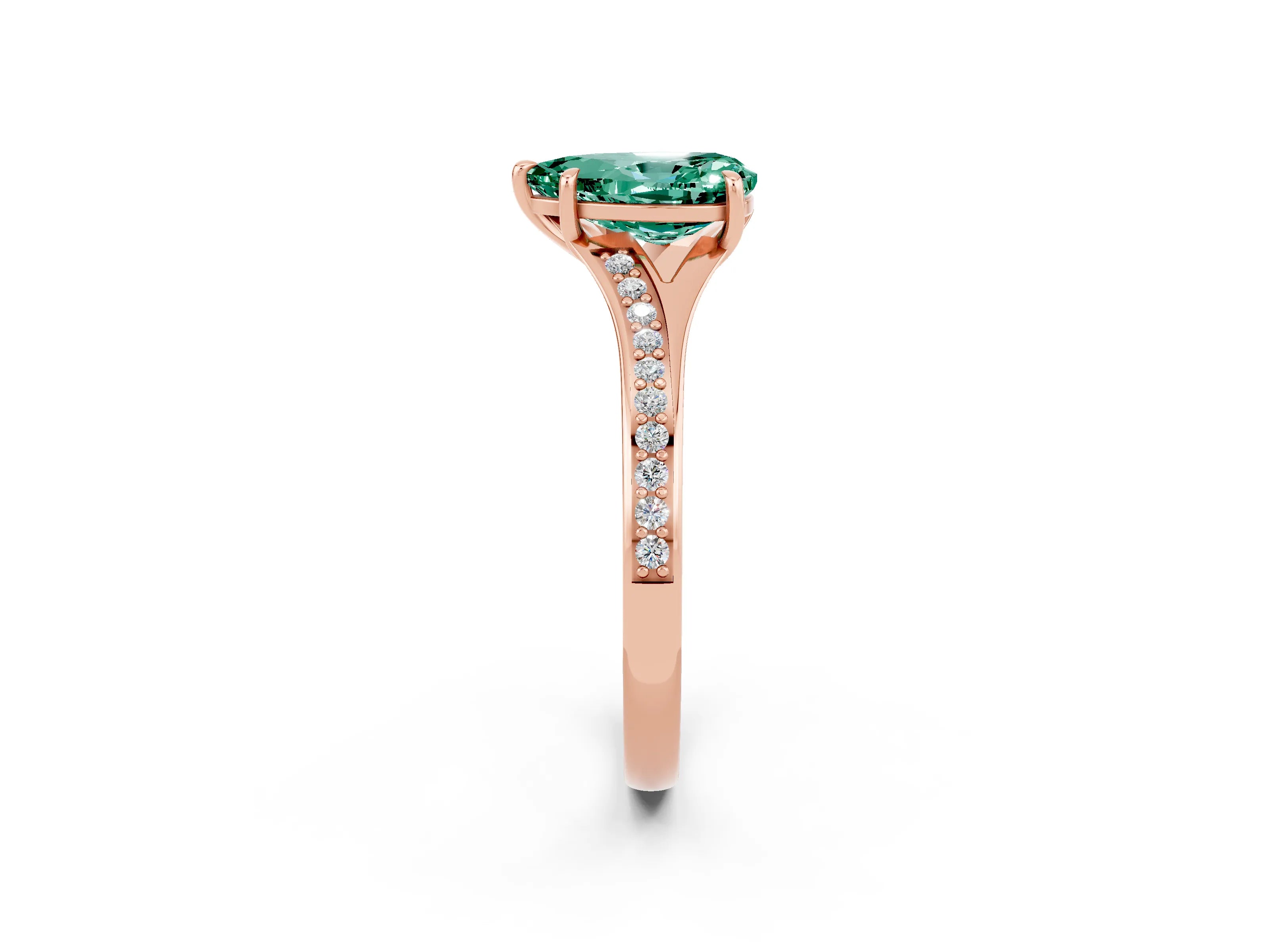 Rose gold Pear Cut Green Sapphire Solitaire Ring with Pavé Band and Prong Setting_14
