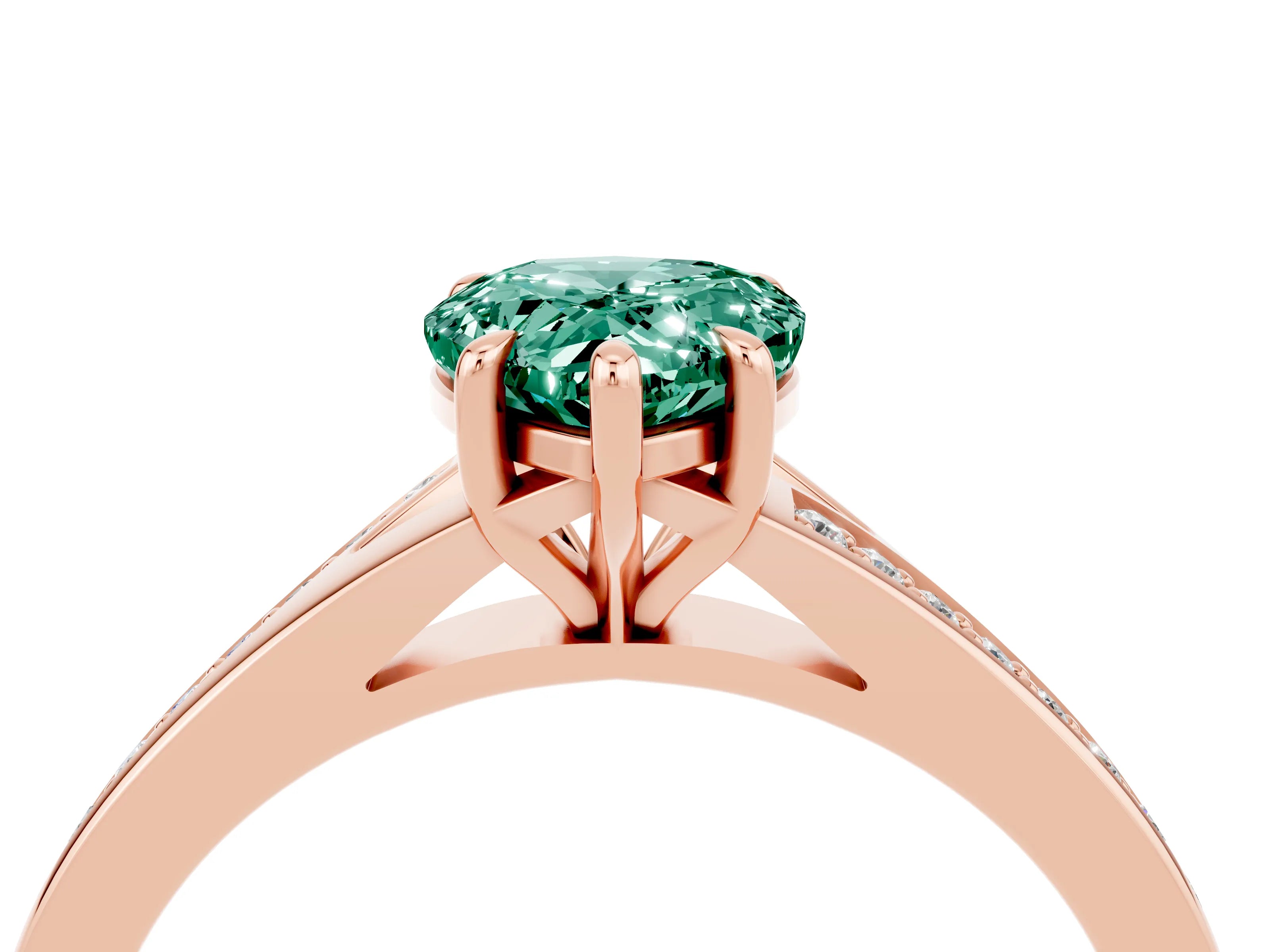 Rose gold Pear Cut Green Sapphire Solitaire Ring with Pavé Band and Prong Setting_16