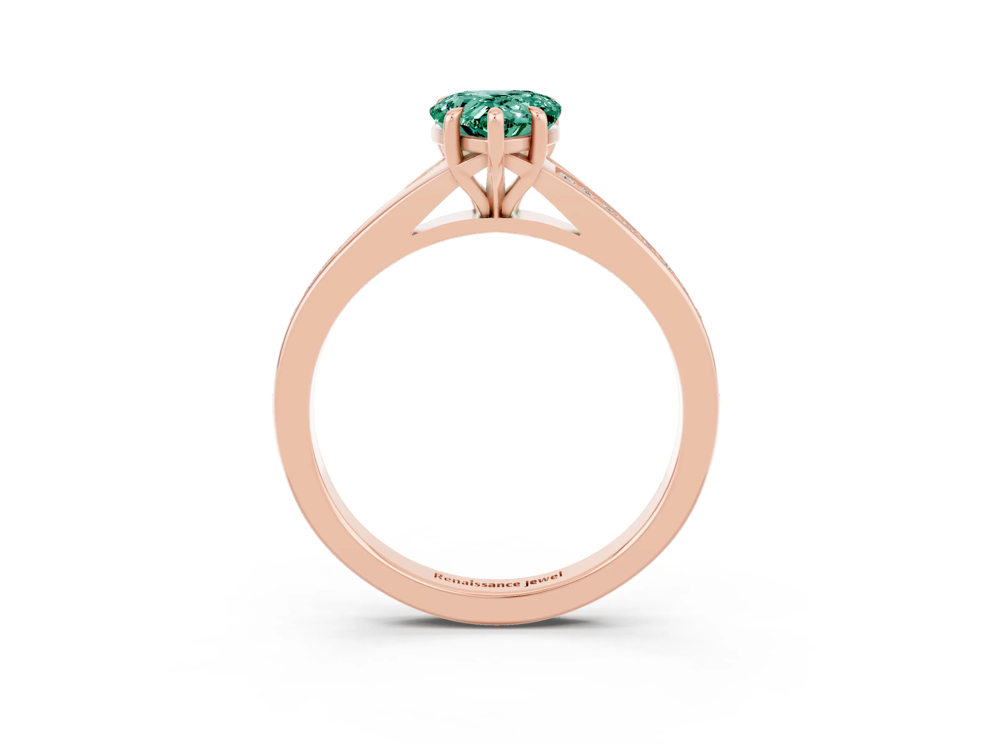 Rose gold Pear Cut Green Sapphire Solitaire Ring with Pavé Band and Prong Setting_3