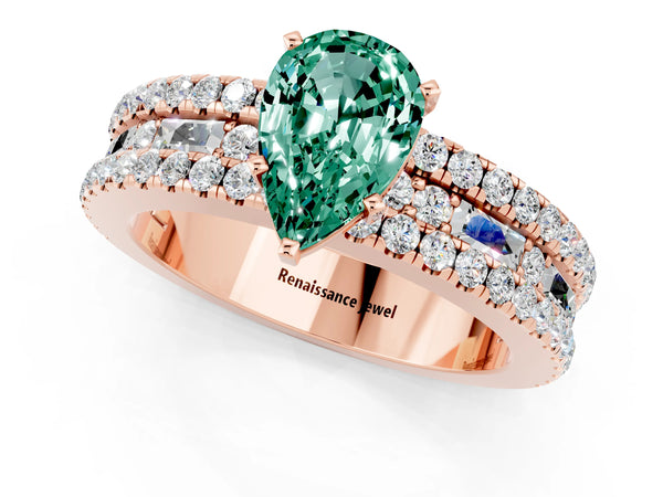 Rose gold Pear Cut Green Sapphire Solitaire Ring with Pavé and Channel Set Band