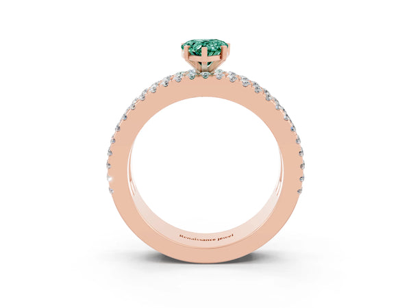 Rose gold Pear Cut Green Sapphire Solitaire Ring with Pavé and Channel Set Band