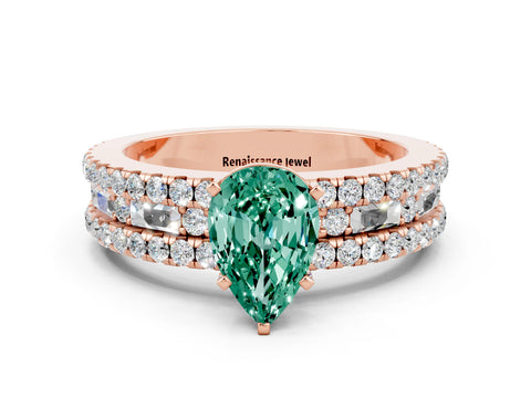 Rose gold Pear Cut Green Sapphire Solitaire Ring with Pavé and Channel Set Band