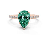 Rose gold Pear Cut Green Sapphire Solitaire Ring with Pave Band and Four Prong Setting_12
