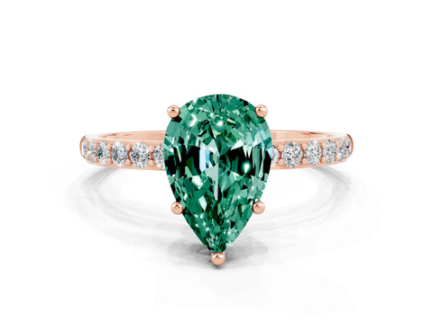 Rose gold Pear Cut Green Sapphire Solitaire Ring with Pave Band and Four Prong Setting_12