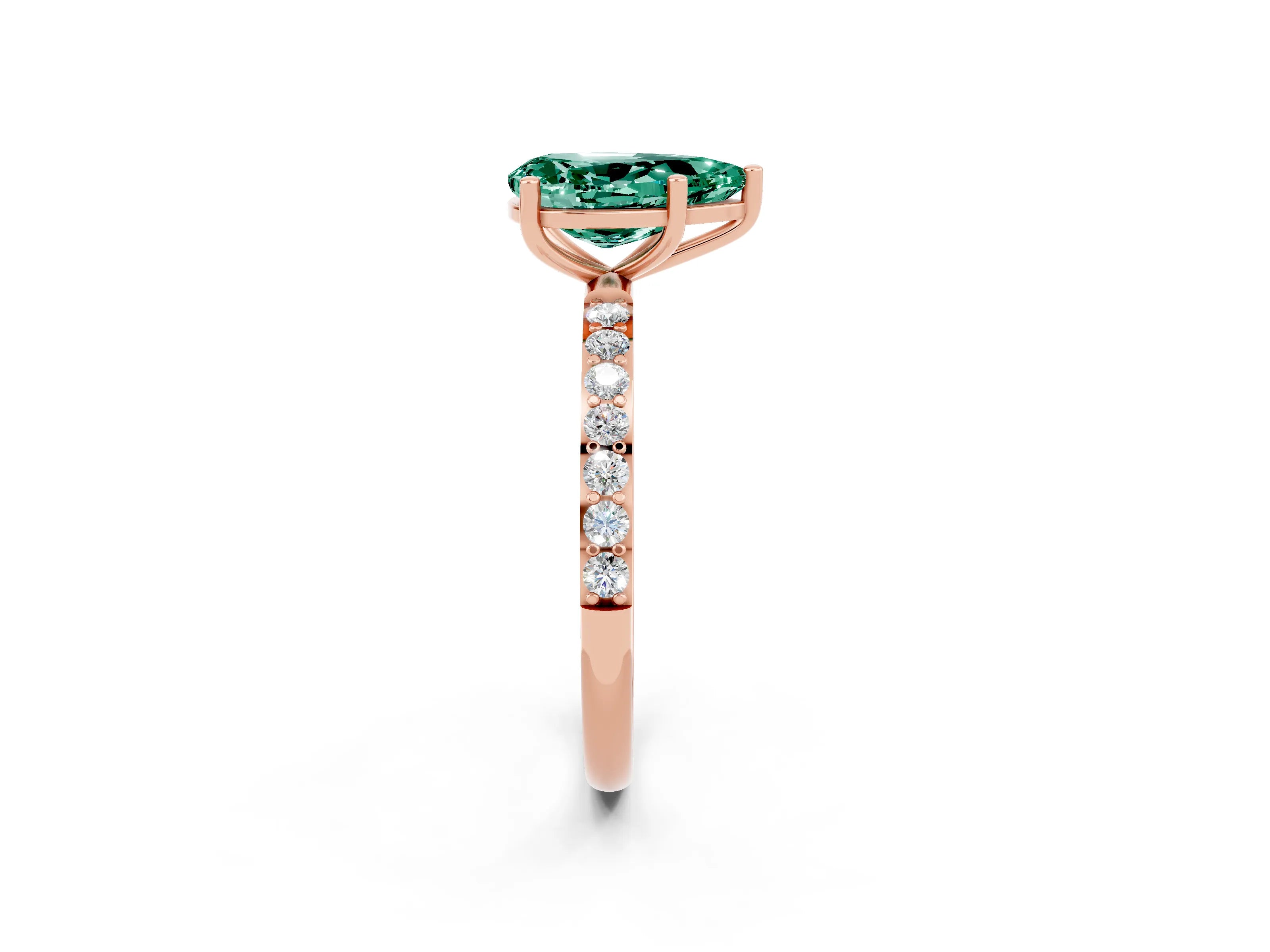 Rose gold Pear Cut Green Sapphire Solitaire Ring with Pave Band and Four Prong Setting_14