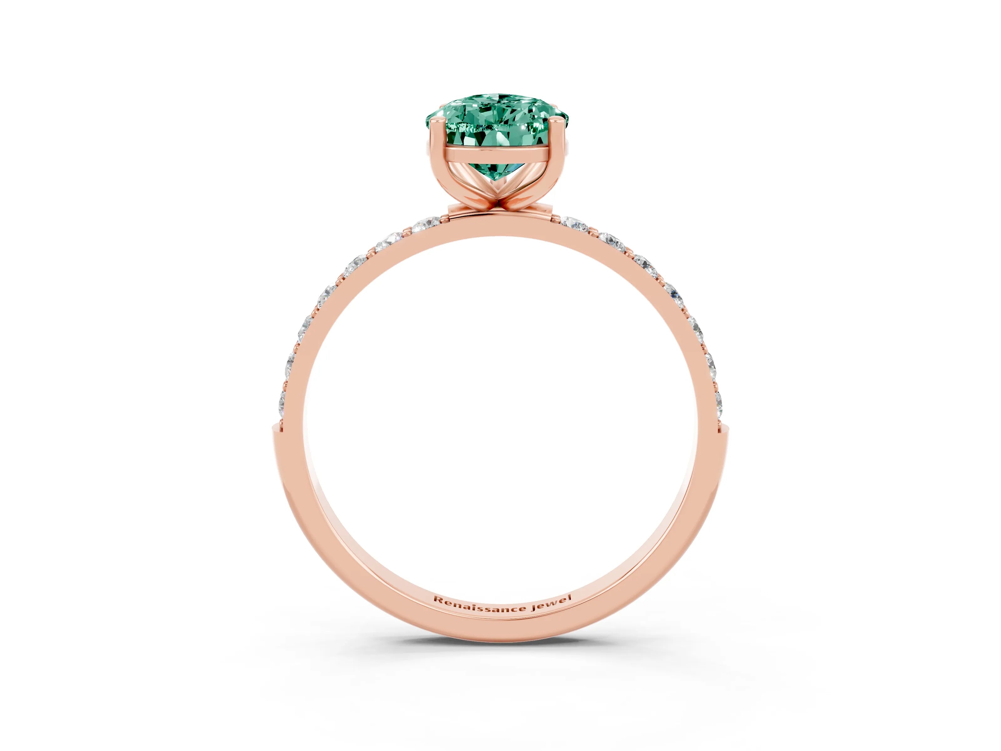 Rose gold Pear Cut Green Sapphire Solitaire Ring with Pave Band and Four Prong Setting_15