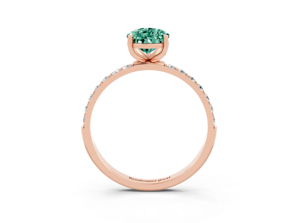 Rose gold Pear Cut Green Sapphire Solitaire Ring with Round  Pavé Band and Prong Setting