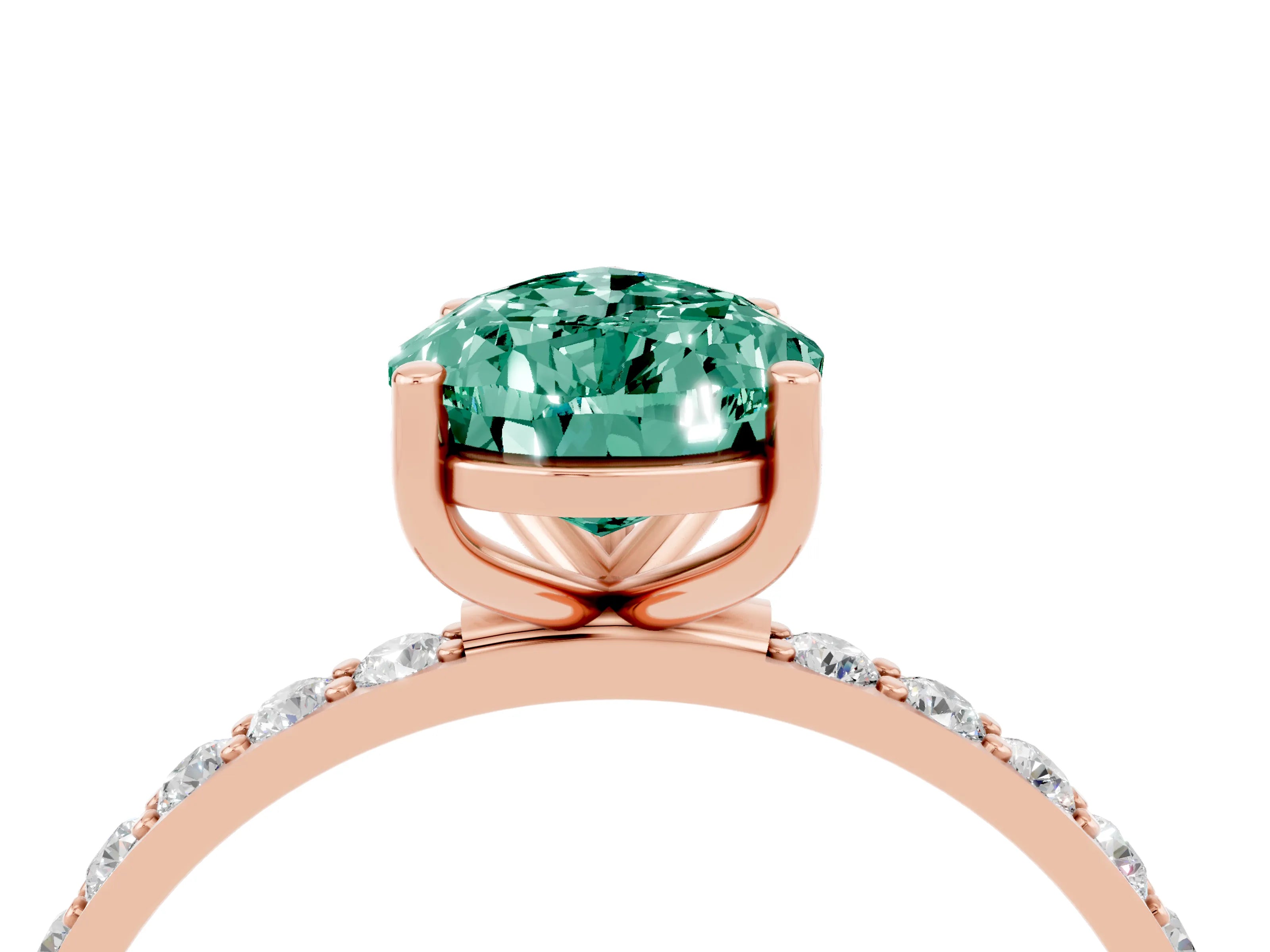 Rose gold Pear Cut Green Sapphire Solitaire Ring with Pave Band and Four Prong Setting_16