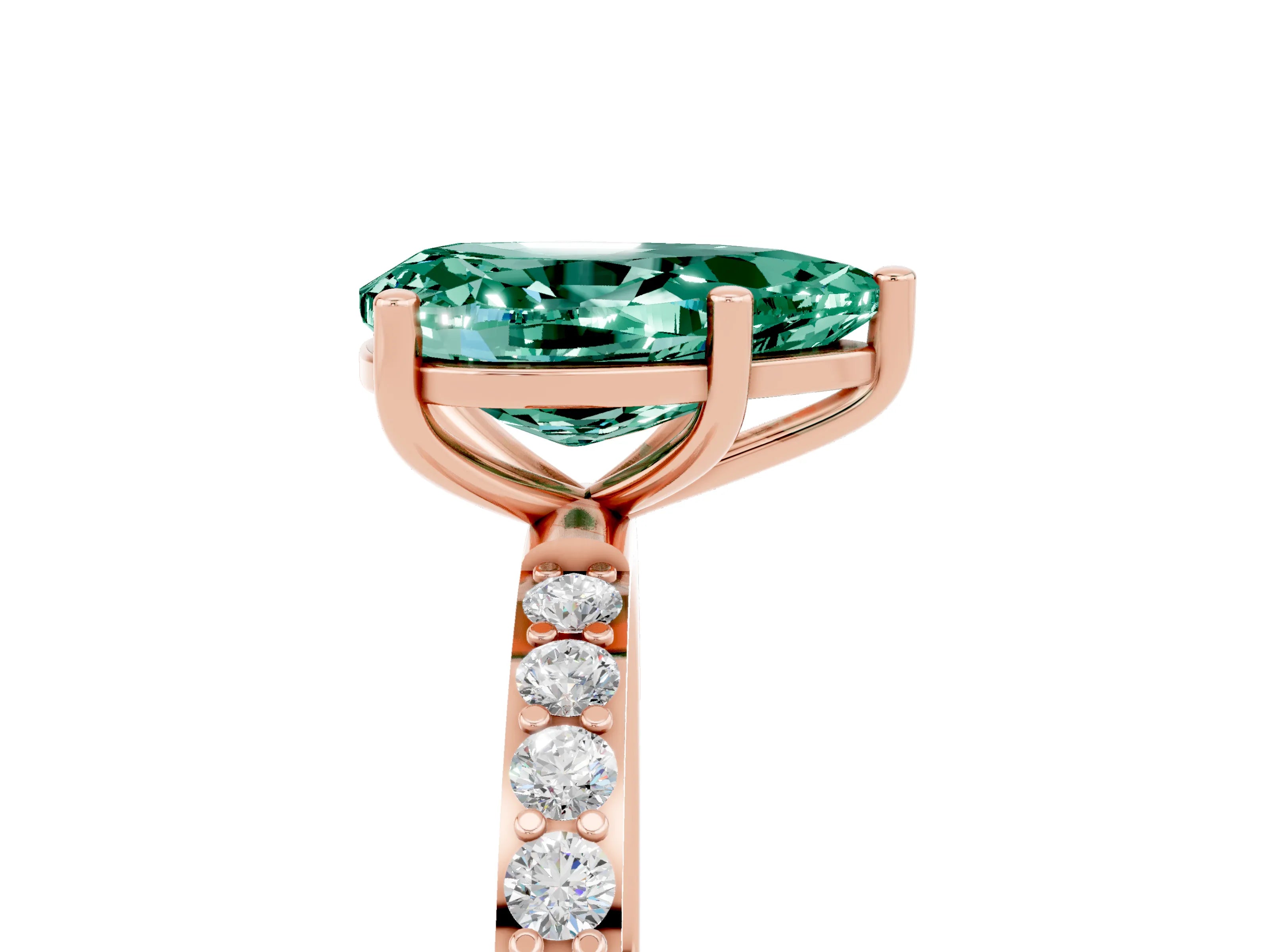 Rose gold Pear Cut Green Sapphire Solitaire Ring with Pave Band and Four Prong Setting_17
