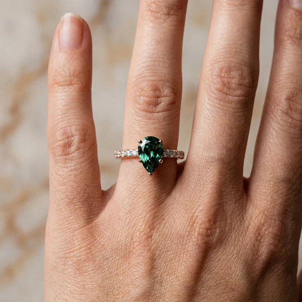Rose gold Pear Cut Green Sapphire Solitaire Ring with Round  Pavé Band and Four-Prong Setting