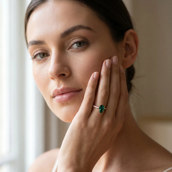 Rose gold Pear Cut Green Sapphire Solitaire Ring with Round  Pavé Band and Four-Prong Setting