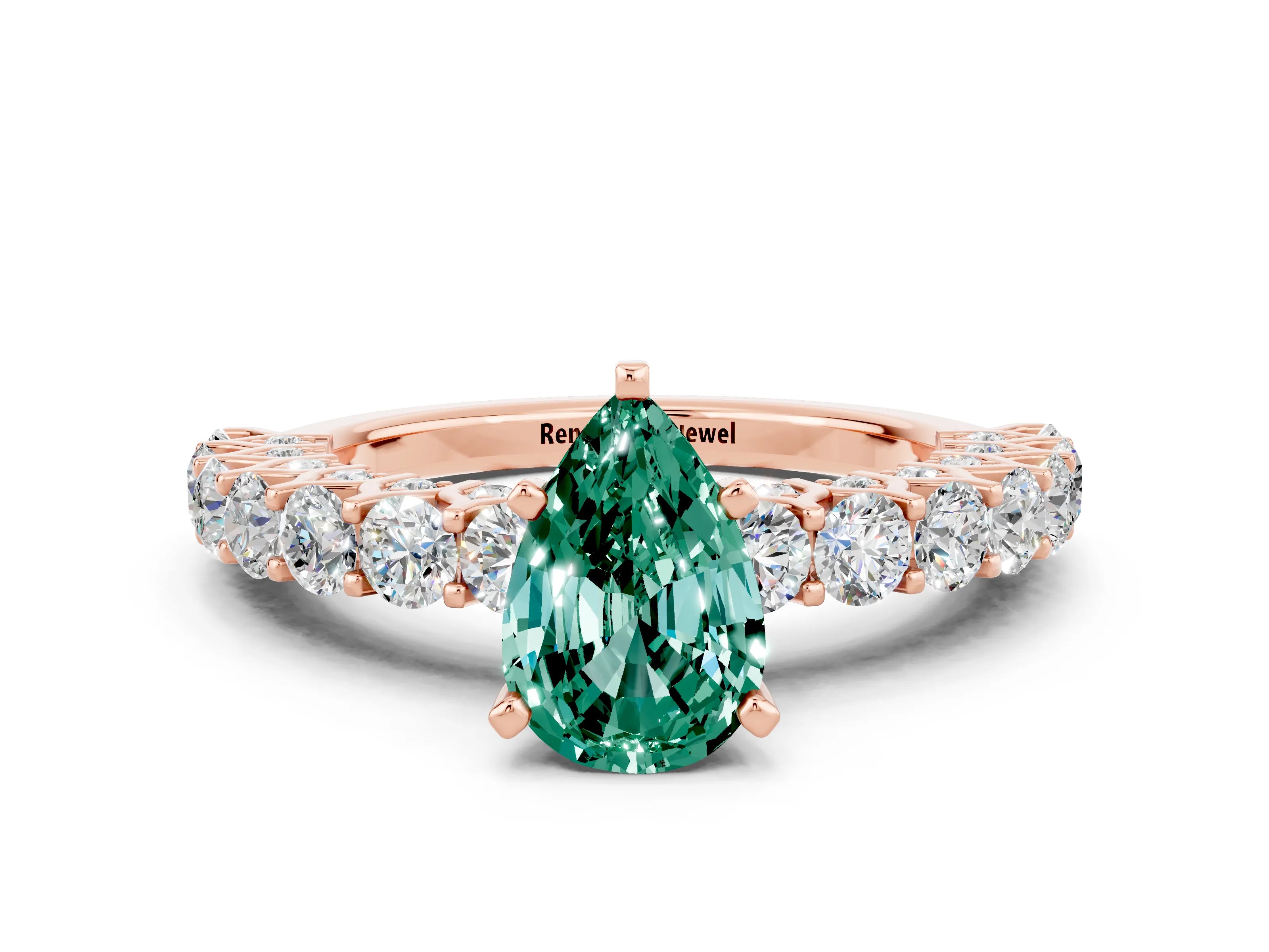 Rose gold Pear Cut Green Sapphire Solitaire Ring with Shared Prong Pavé Band and Four-Prong Setting
