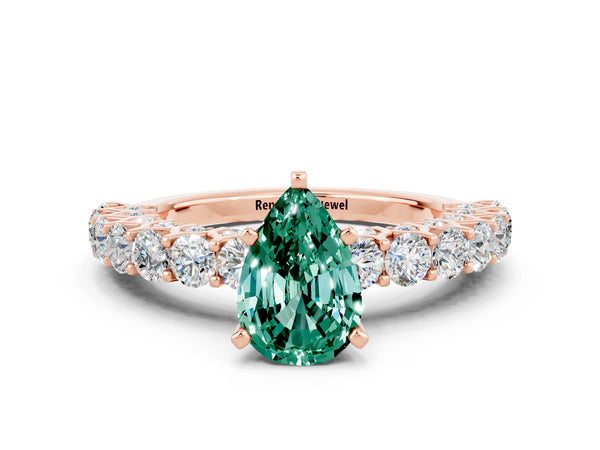 Rose gold Pear Cut Green Sapphire Solitaire Ring with Shared Prong Pavé Band and Four-Prong Setting