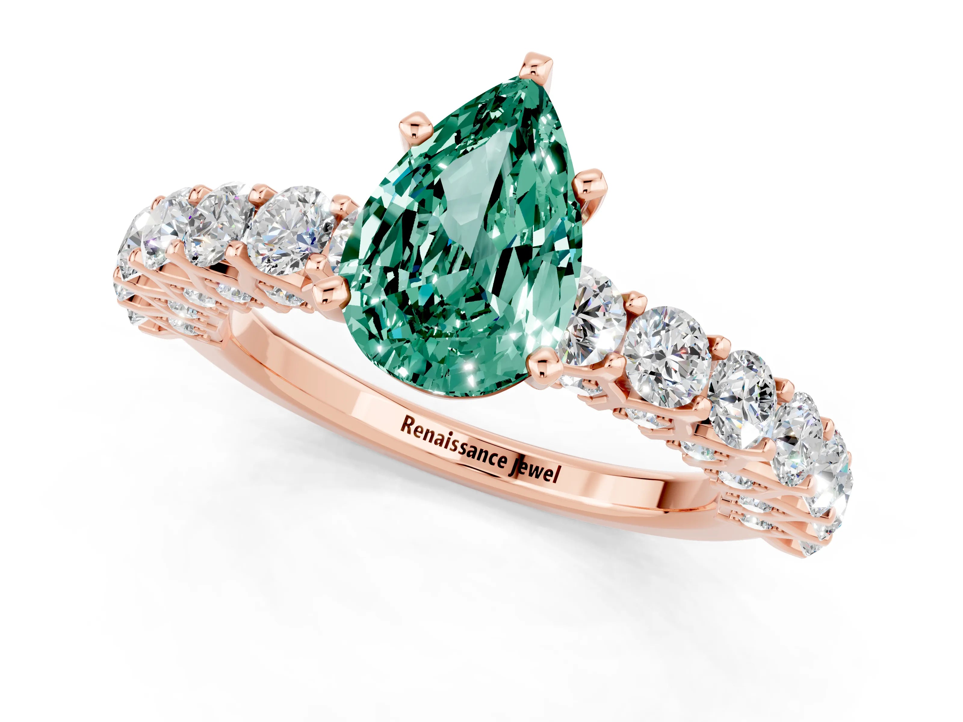 Rose gold Pear Cut Green Sapphire Solitaire Ring with Shared Prong Pavé Band and Four-Prong Setting_1
