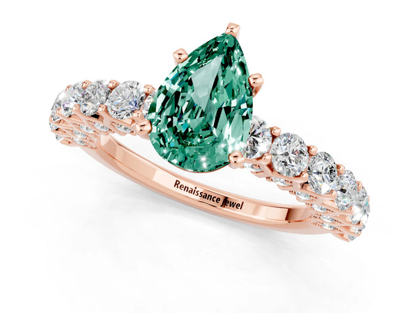 Rose gold Pear Cut Green Sapphire Solitaire Ring with Shared Prong Pavé Band and Four-Prong Setting