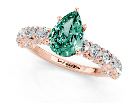 Rose gold Pear Cut Green Sapphire Solitaire Ring with Shared Prong Pavé Band and Four-Prong Setting_1