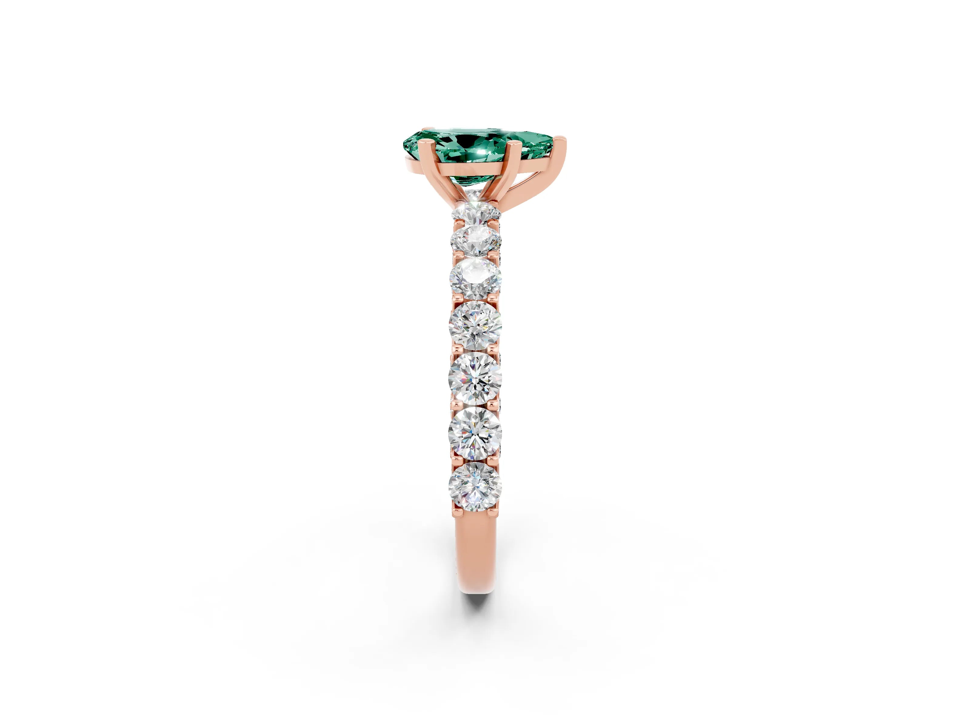 Rose gold Pear Cut Green Sapphire Solitaire Ring with Shared Prong Pavé Band and Four-Prong Setting_2