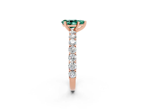 Rose gold Pear Cut Green Sapphire Solitaire Ring with Shared Prong Pavé Band and Four-Prong Setting