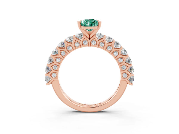 Rose gold Pear Cut Green Sapphire Solitaire Ring with Shared Prong Pavé Band and Four-Prong Setting