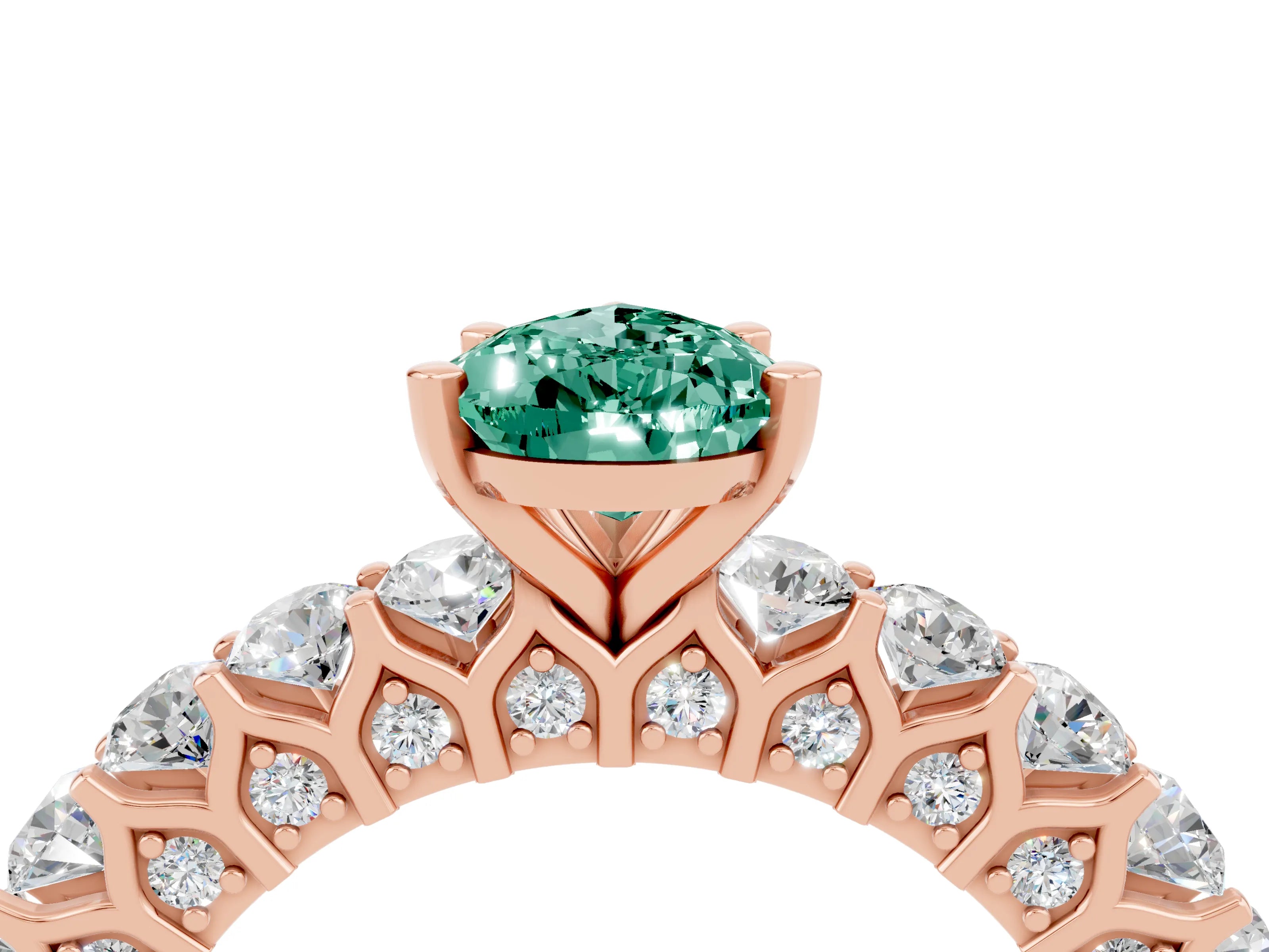 Rose gold Pear Cut Green Sapphire Solitaire Ring with Shared Prong Pavé Band and Four-Prong Setting_4