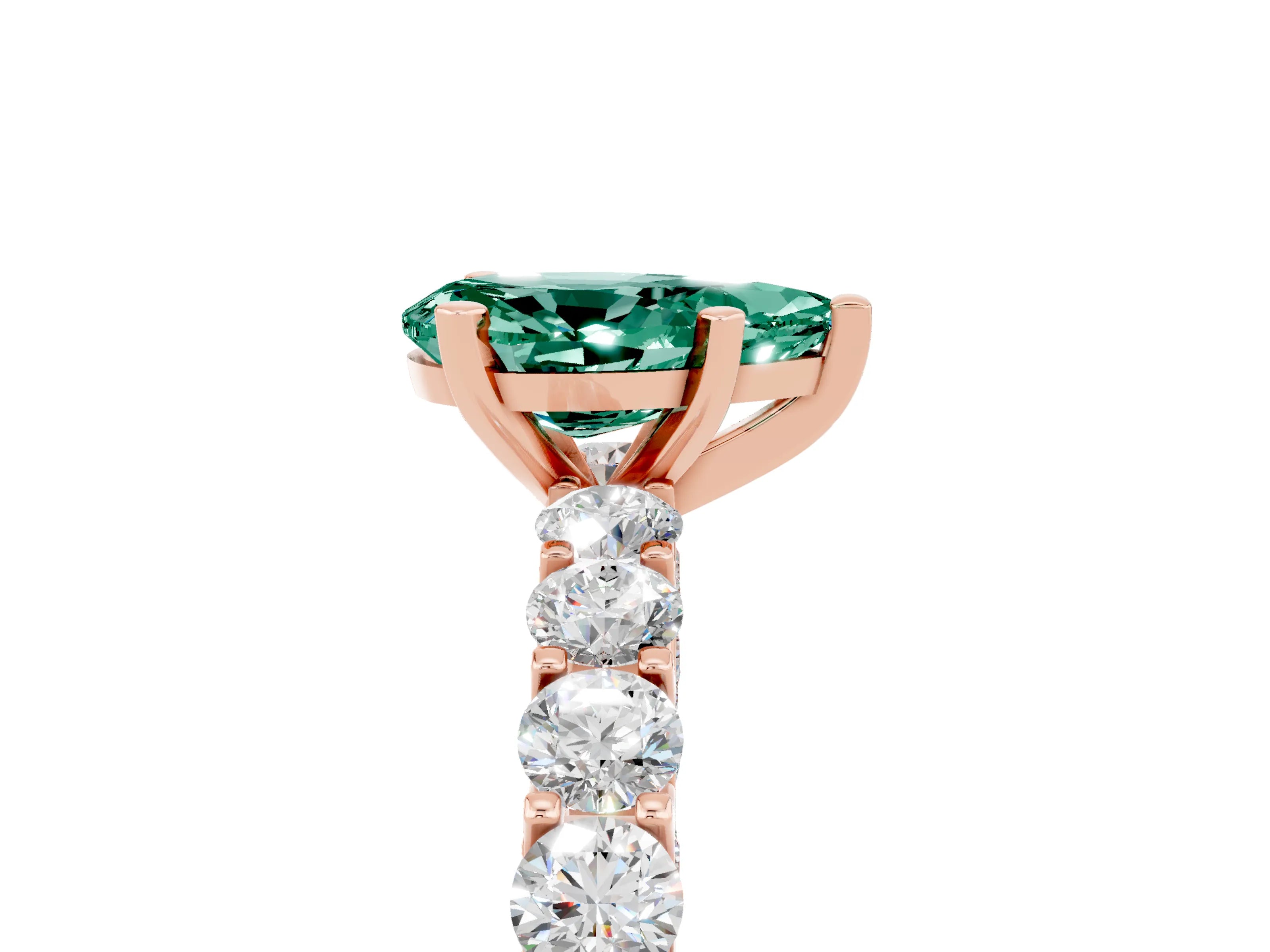 Rose gold Pear Cut Green Sapphire Solitaire Ring with Shared Prong Pavé Band and Four-Prong Setting_5
