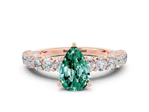 Rose gold Pear Cut Green Sapphire Solitaire Ring with Shared Prong Pavé Band and Four-Prong Setting