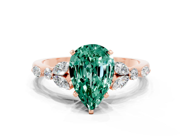 Rose gold Pear Cut Green Sapphire Solitaire Ring with Side Stones and Four-Prong Setting