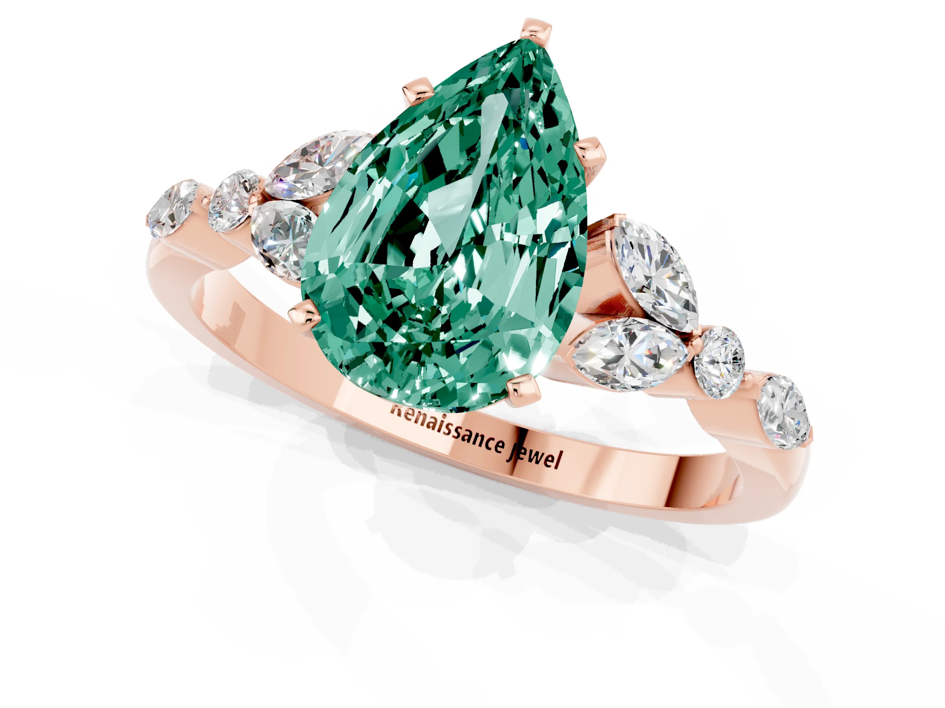 Rose gold Pear Cut Green Sapphire Solitaire Ring with Side Stones and Four-Prong Setting_13
