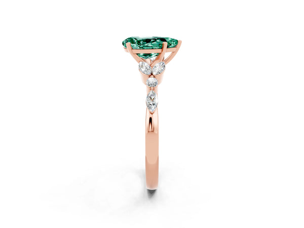 Rose gold Pear Cut Green Sapphire Solitaire Ring with Side Stones and Four-Prong Setting