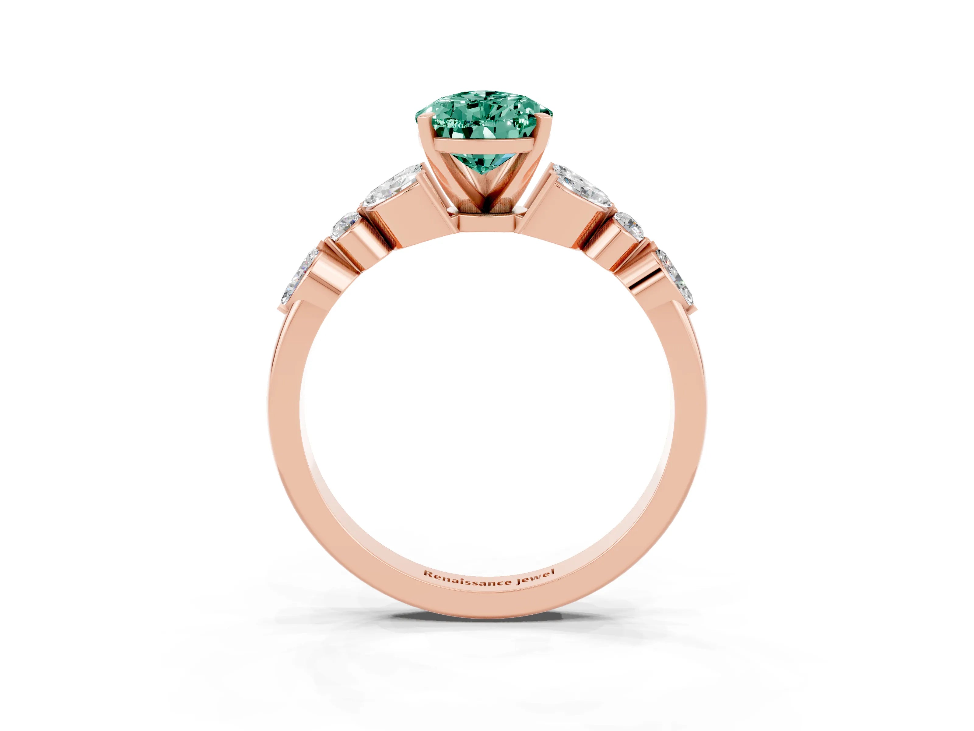 Rose gold Pear Cut Green Sapphire Solitaire Ring with Side Stones and Four-Prong Setting_15