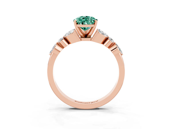 Rose gold Pear Cut Green Sapphire Solitaire Ring with Side Stones and Four-Prong Setting