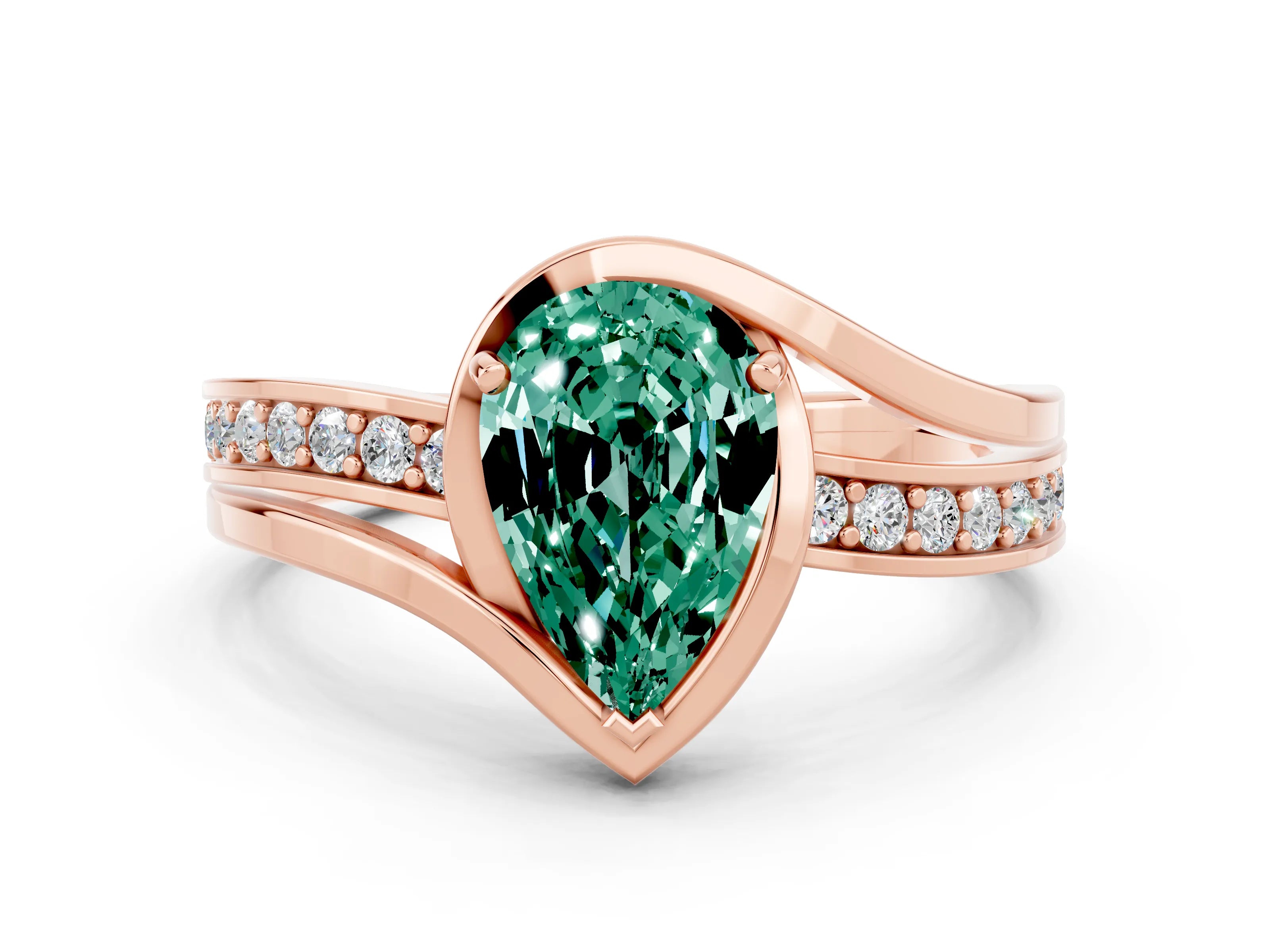 Rose gold Pear Cut Green Sapphire Solitaire Ring with Split Shank and Prong Setting