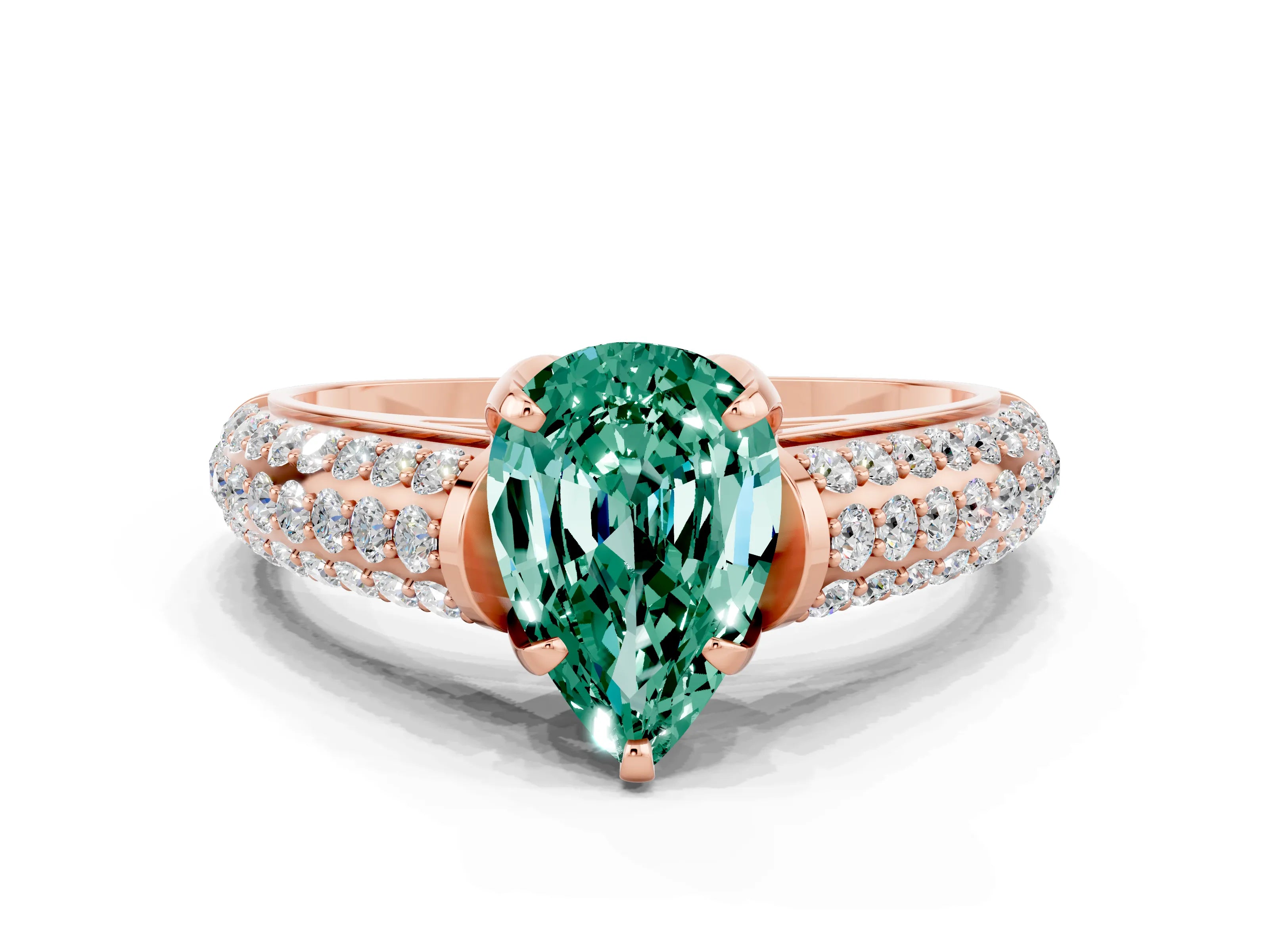 Rose gold Pear Cut Green Sapphire Solitaire Ring with Three-Row Pavé Band and Four-Prong Setting_12