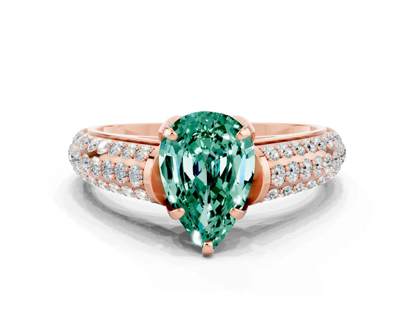 Rose gold Pear Cut Green Sapphire Solitaire Ring with Three-Row Pavé Band and Four-Prong Setting