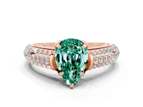 Rose gold Pear Cut Green Sapphire Solitaire Ring with Three-Row Pavé Band and Four-Prong Setting_12