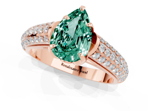 Rose gold Pear Cut Green Sapphire Solitaire Ring with Three-Row Pavé Band and Four-Prong Setting_13