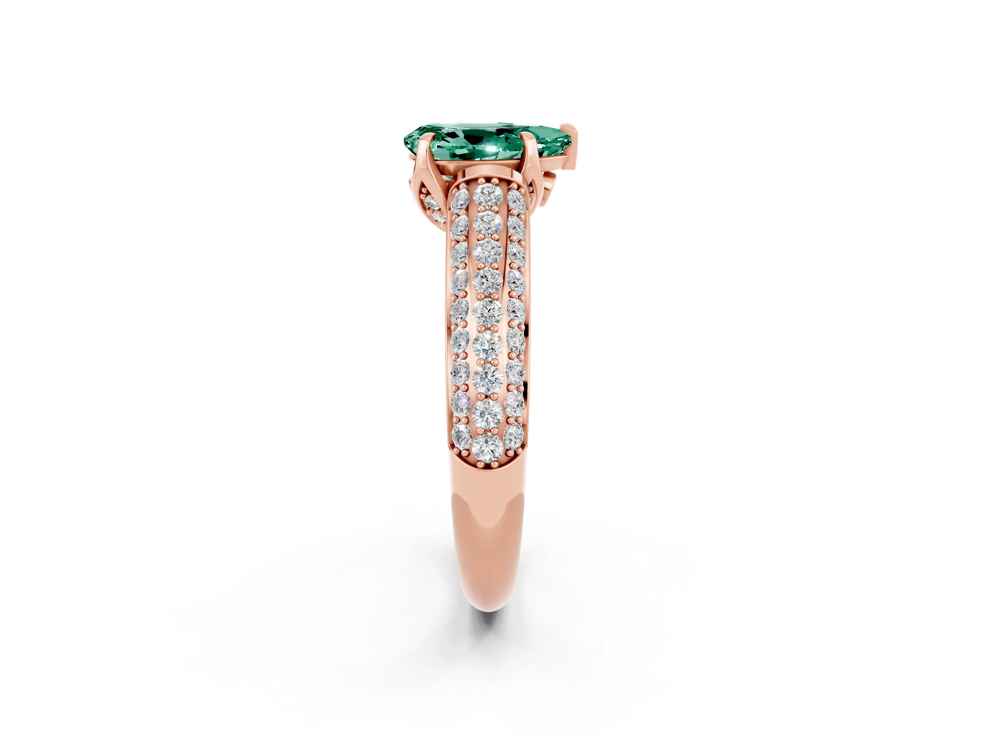 Rose gold Pear Cut Green Sapphire Solitaire Ring with Three-Row Pavé Band and Four-Prong Setting_14