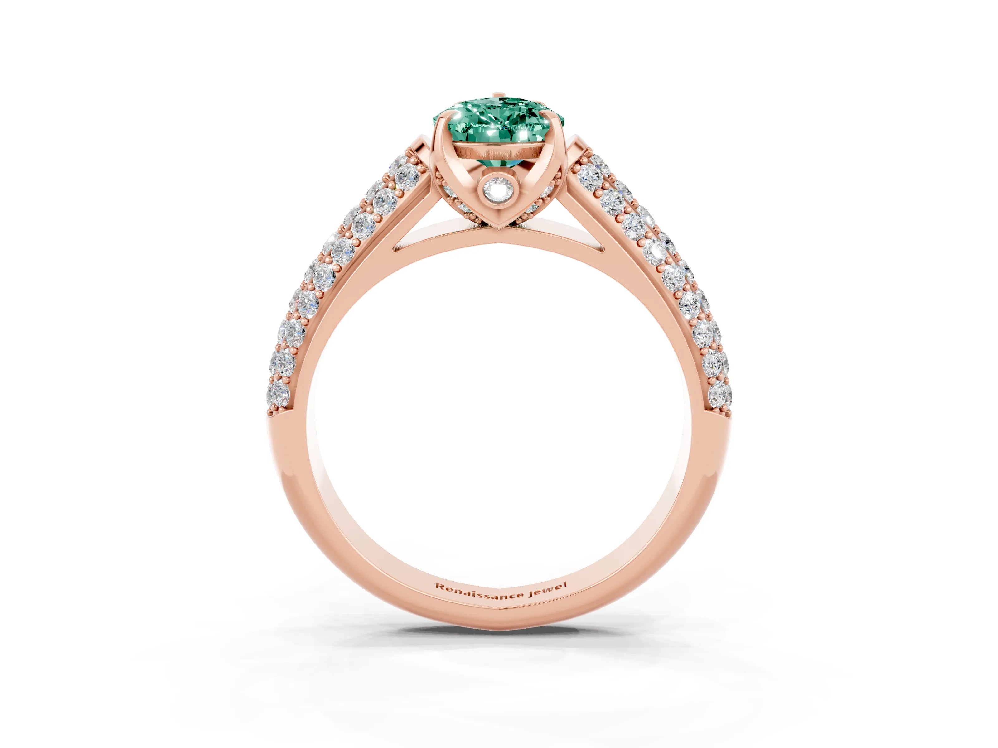 Rose gold Pear Cut Green Sapphire Solitaire Ring with Three-Row Pavé Band and Four-Prong Setting_15