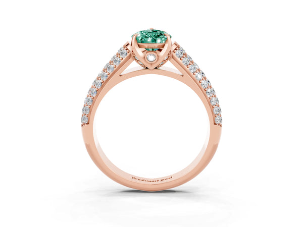 Rose gold Pear Cut Green Sapphire Solitaire Ring with Three-Row Pavé Band and Four-Prong Setting