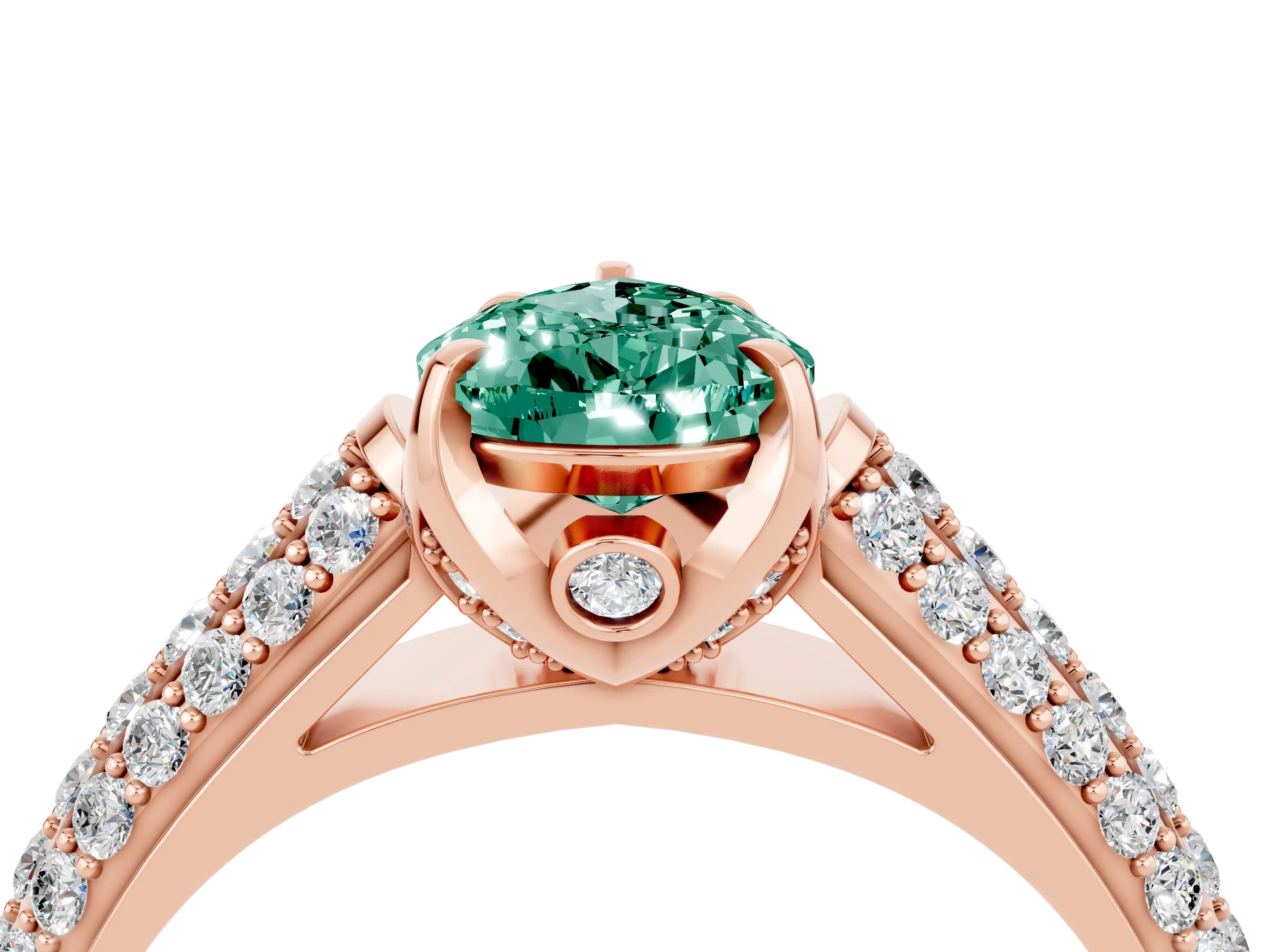 Rose gold Pear Cut Green Sapphire Solitaire Ring with Three-Row Pavé Band and Four-Prong Setting_16