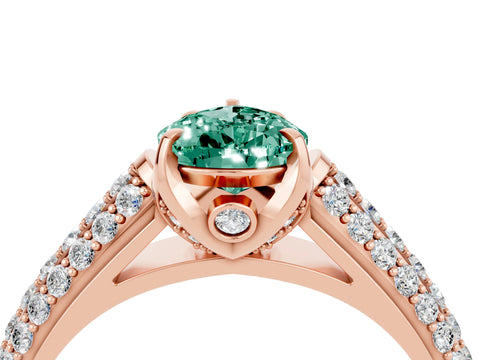 Rose gold Pear Cut Green Sapphire Solitaire Ring with Three-Row Pavé Band and Four-Prong Setting_16