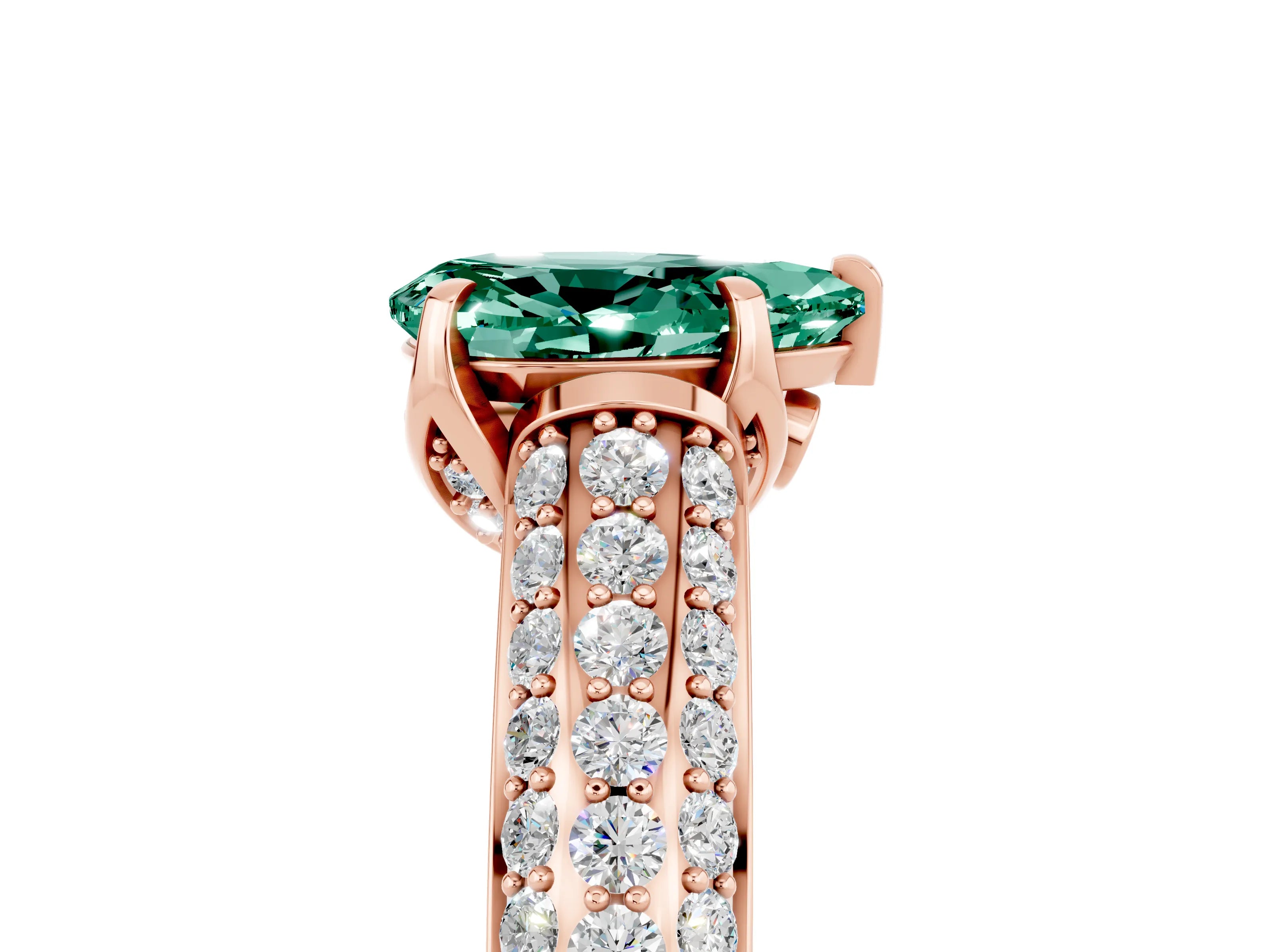 Rose gold Pear Cut Green Sapphire Solitaire Ring with Three-Row Pavé Band and Four-Prong Setting_17