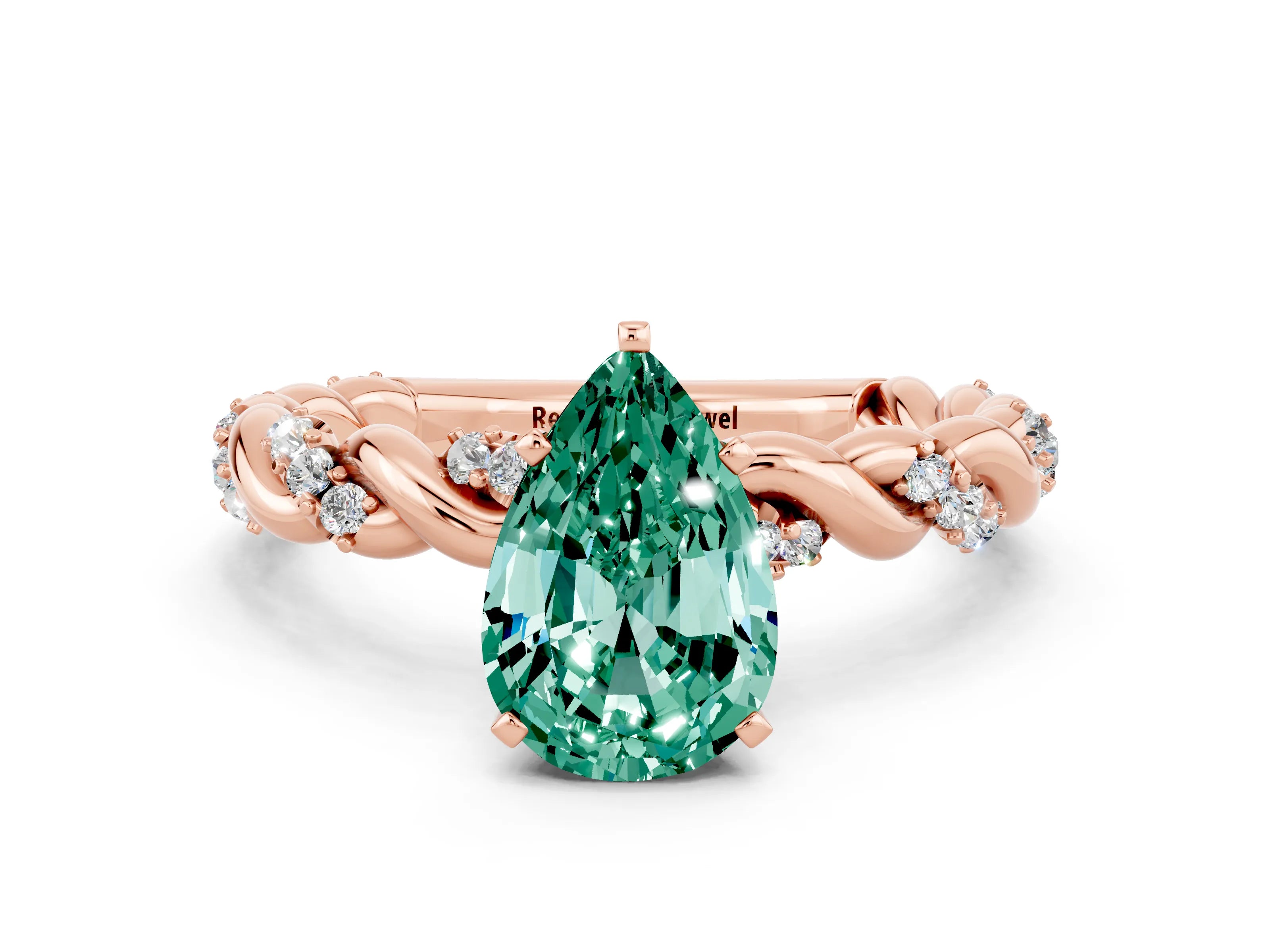 Rose gold Pear Cut Green Sapphire Solitaire Ring with Twisted Band and Pavé Accents