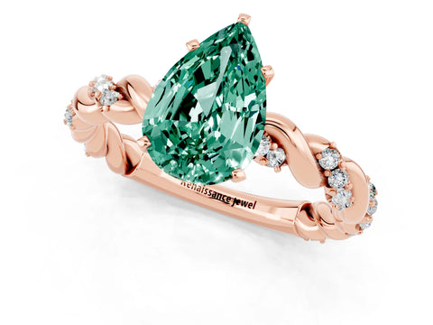 Rose gold Pear Cut Green Sapphire Solitaire Ring with Twisted Band and Pavé Accents_1